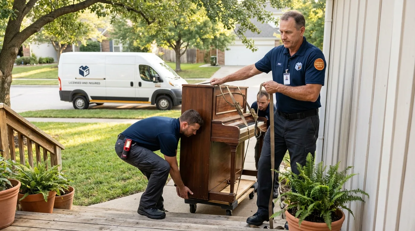 Licensed piano movers securing grand piano in Cripple Creek, CO