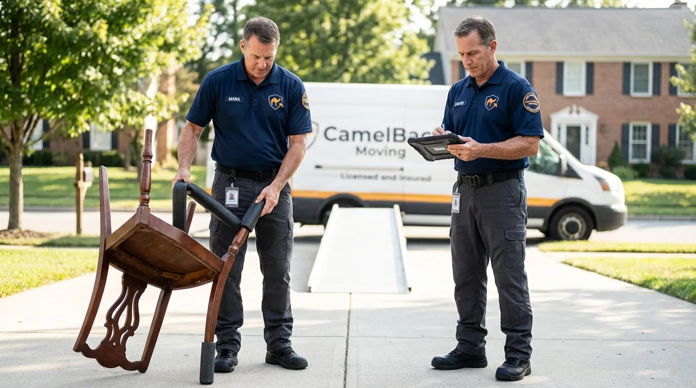 Movers inspecting furniture for damage prevention before loading in Cripple Creek, CO