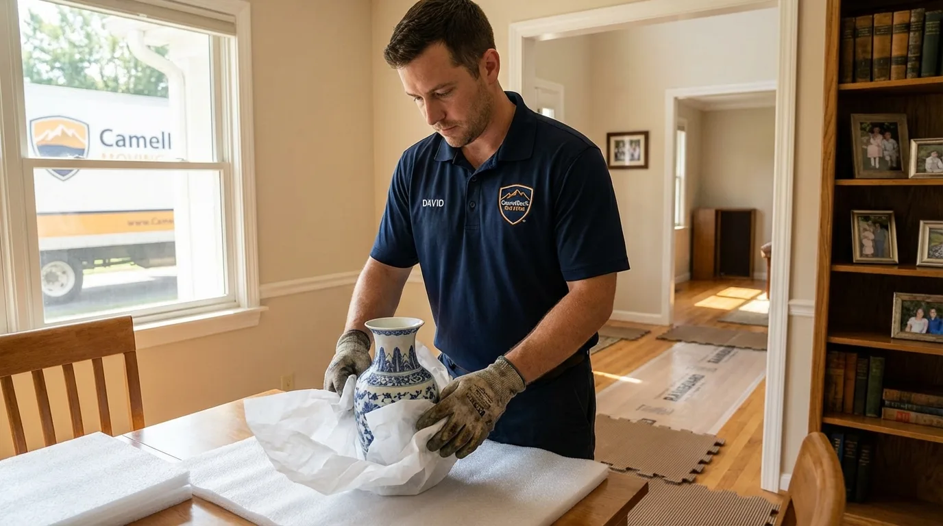 Professional crew carefully wrapping antique vase for senior downsizing move in Cripple Creek, CO